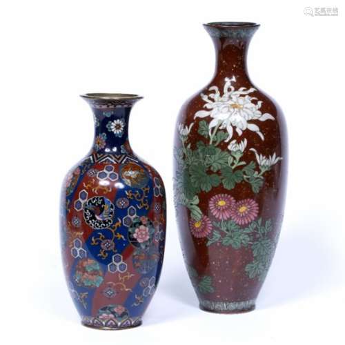Two cloisonne vases Japanese, 19th Century the first decorated with white, green and pink flowers