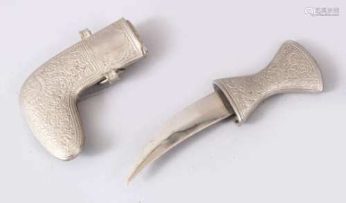 A SMALL PERSIAN JAMBYA DAGGER, the sheath and handle formed from white metal in floral style, 19cm