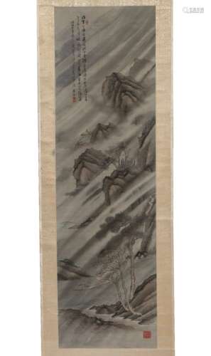 Two scrolls Japanese, 19th/20th Century the first depicting a mountainous landscape with a river