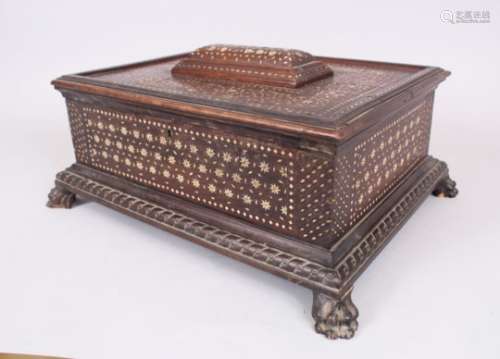 A GOOD ISLAMIC SPANISH BONE INLAID BOX, POSSIBLY 16TH CENTURY, with 18th Century feet, 43cm long,