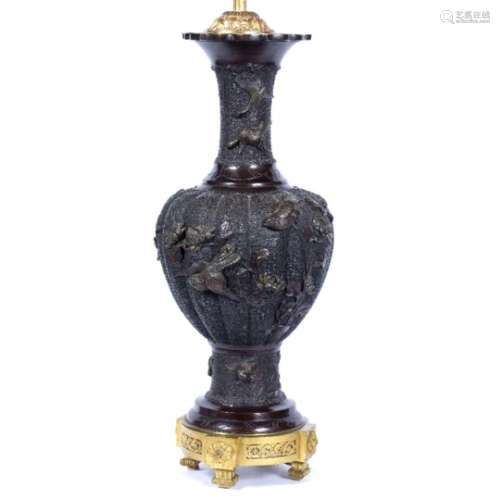 Bronze vase Japanese, Meiji with raised birds and foliage, traces of gilt, mounted as a table lamp