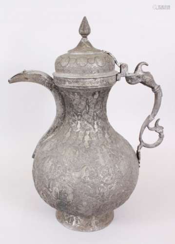 A GOOD 18TH-19TH CENTURY PERSIAN TINNED COPPER JUG with figured decoration.