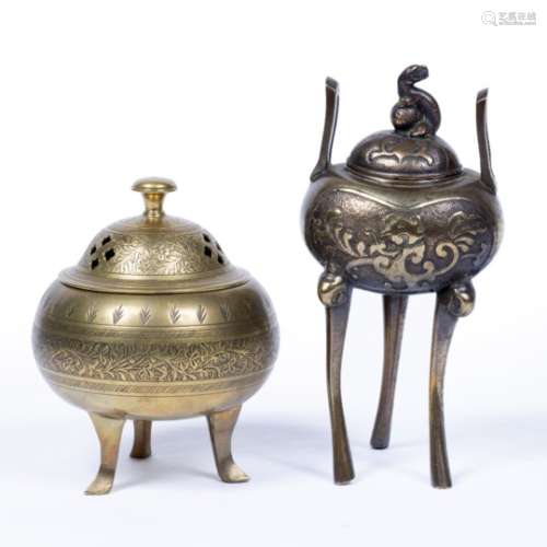Bronze censer Japanese, Meiji 17cm high and an Indian engraved brass censer, 13cm (2)