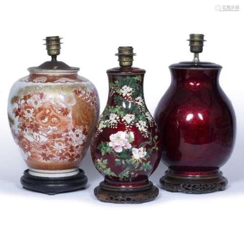 Two Ginbari enamel vases Japanese, Meiji each converted to lamps with Chinese hardwood bases 43cm