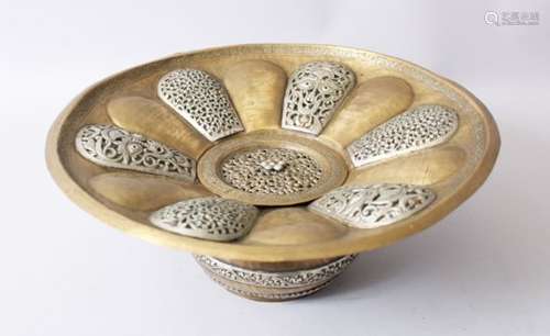 A FINE SILVER MOUNTED BRASS TIBETAN BASIN.