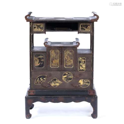 Japanese lacquered Shodhana cabinet Meiji period, with an arrangement cupboards and shelves,
