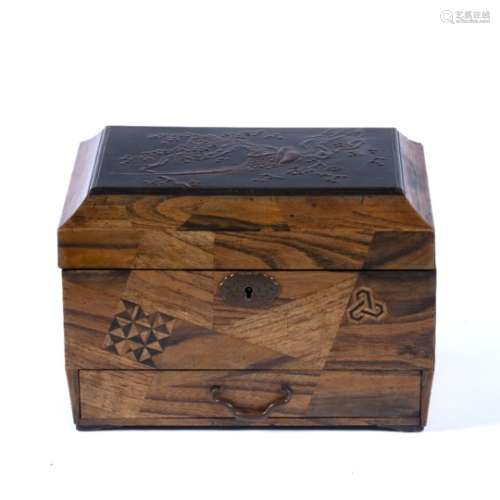 Parquetry box Japanese, late 19th Century with black lacquer top, and fitted interior 25cm across