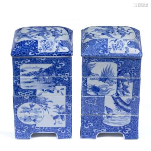 Pair of blue and white porcelain picnic stacking boxes Japanese, 19th Century decorated with birds