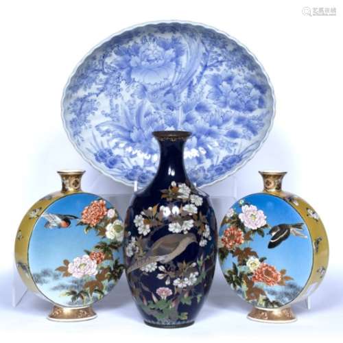 Blue cloisonne vase Japanese, circa 1900 with bird and blossom 26cm an oval Imari dish, 28cm and a