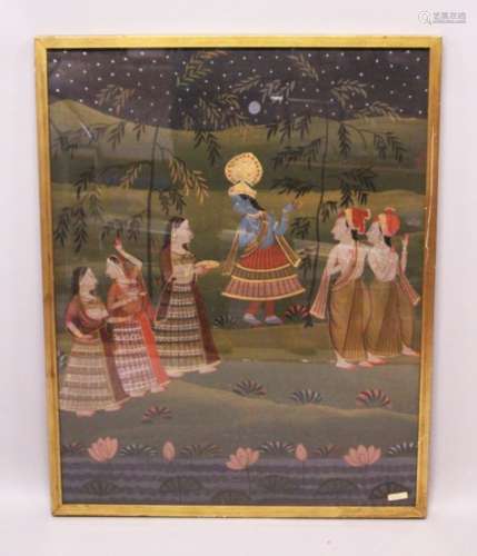 A 19TH-20TH CENTURY FRAMED INDIAN PAINTING ON TEXTILE depicting a blue skin god stood amongst