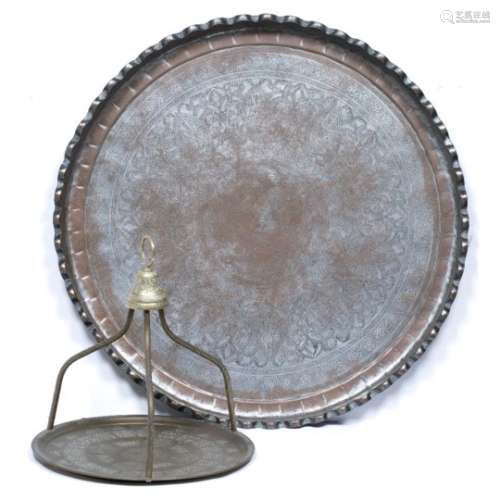 Circular tray Islamic with engraved designs or arabesques and figures 64cm and an Islamic brass