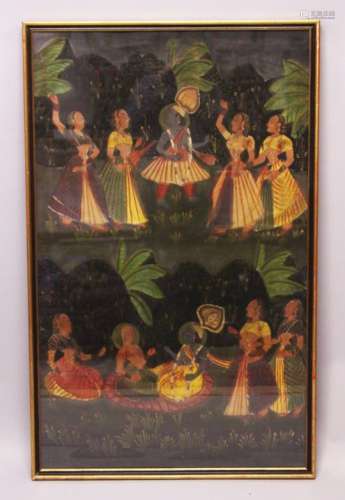 A 19TH-20TH CENTURY FRAMED INDIAN PAINTING ON TEXTILE depicting two blue skin gods wearing jewels,