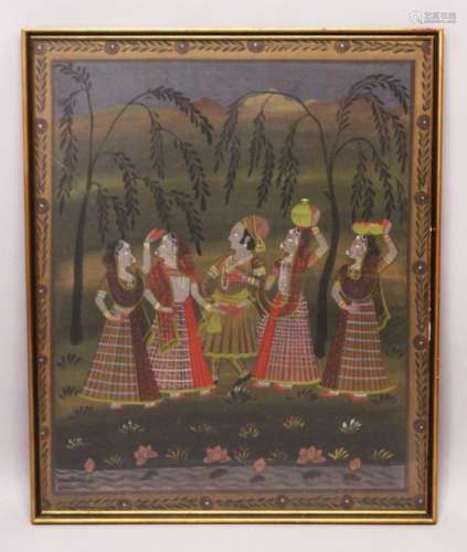 A 19TH-20TH CENTURY FRAMED INDIAN PAINTING ON TEXTILE depicting a prince stood in landscape