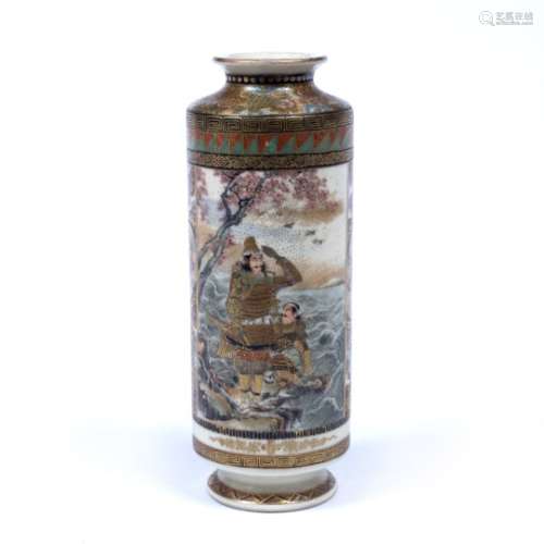 Satsuma cylindrical small vase Japanese, Meiji period painted with two panels, one depicting two