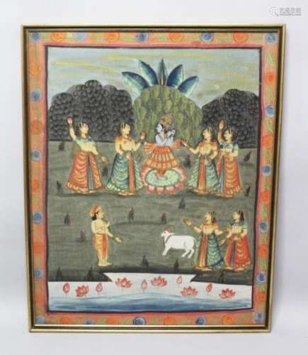 A 19TH-20TH CENTURY FRAMED INDIAN PAINTING ON TEXTILE depicting a blue skin god playing an