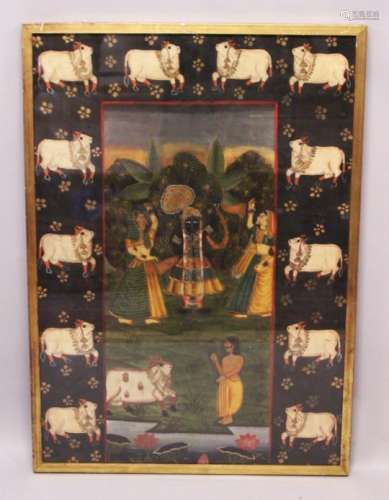 A 19TH-20TH CENTURY FRAMED INDIAN PAINTING ON TEXTILE depicting a black skin god wearing jewels