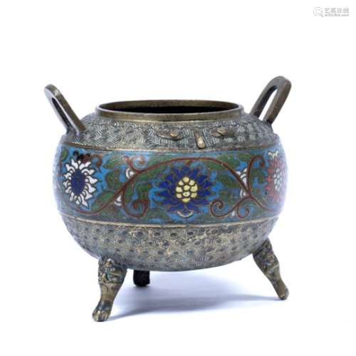 Bronze and cloisonne censer Japanese, 19th Century having a band of lotus flowers 17cm across