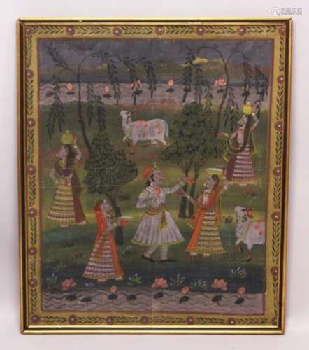 A 19TH-20TH CENTURY FRAMED INDIAN PAINTING ON TEXTILE depicting a prince presenting orange paint