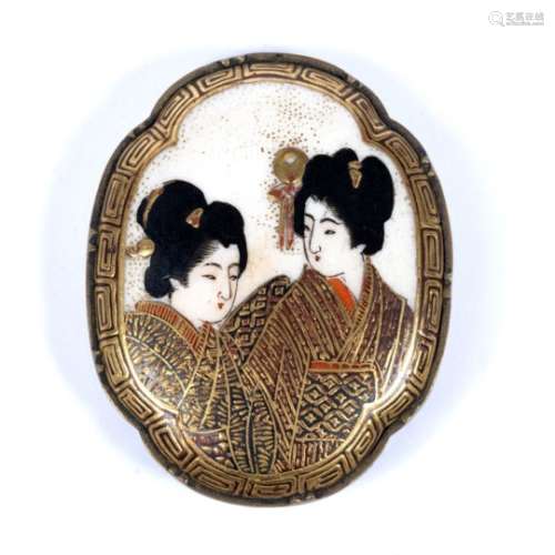 Satsuma plaque Japanese, Meiji period decorated portraits of two geishas 4cm high