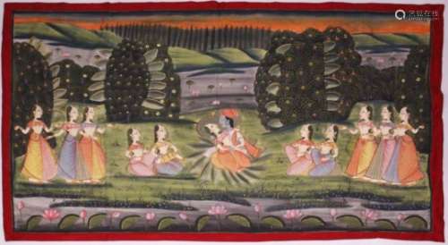 A VERY GOOD LARGE 19TH CENTURY INDIAN COTTON / TEXTILE PICHWAI PAINTING, the textile depicting