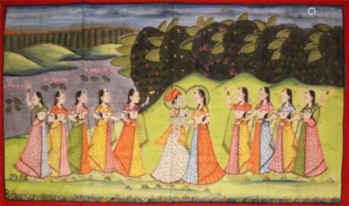 A VERY GOOD LARGE 19TH CENTURY INDIAN COTTON / TEXTILE PICHWAI PAINTING, the textile depicting