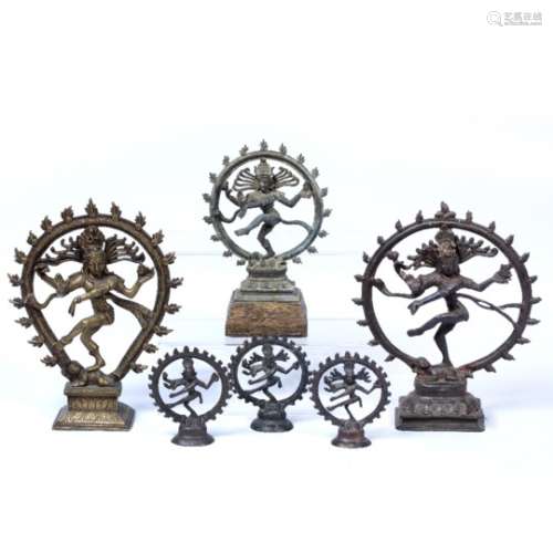 Six models of Shiva Indian depicting the dancing Shiva (Nataraja) standing on figures largest 23cm
