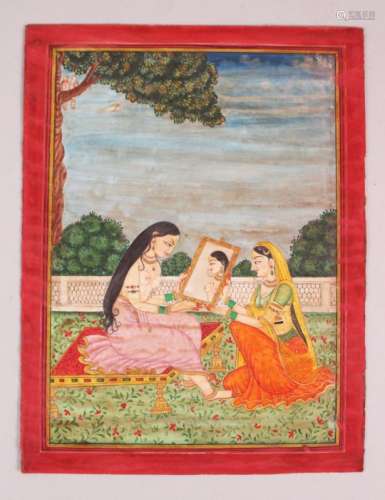 A GOOD 19TH / 20TH CENTURY INDO PERSIAN MUGHAL ART HAND PAINTED EROTIC PICTURE ON PAPER , the