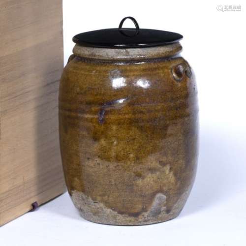 Glazed stone ware water carrier Japanese, Edo period with wooden cover in bamboo case 22.5cm high