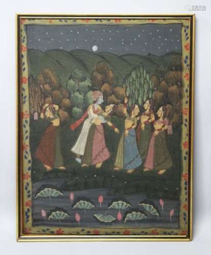 A 19TH-20TH CENTURY FRAMED INDIAN PAINTING ON TEXTILE depicting a blue skin dancing with a woman,