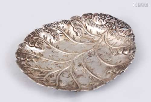 A TURKISH OTTOMAN SILVER LEAF SHAPED DISH, the dish bearing a tughra mark, 18cm x 14.5cm.