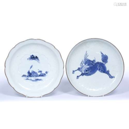 Two blue and white Hirado dishes Japanese, Edo period one depicting a mythical beast amongst