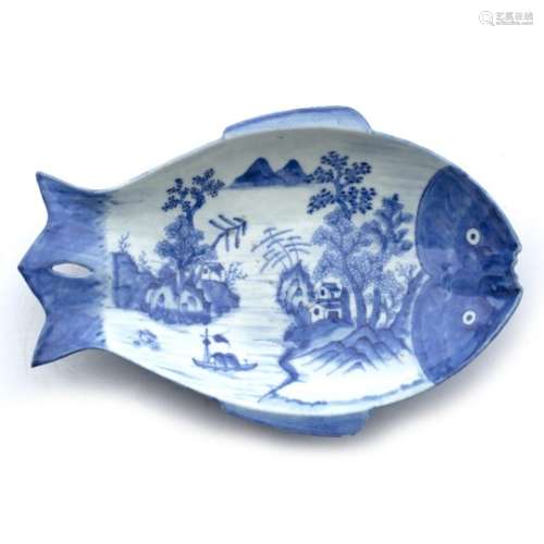 Arita fish shaped dish Japanese, late 19th Century decorated in blue and white with river