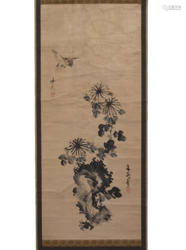 Tani Buncho (Japanese 1763 -1840) Edo period sparrow over a chrysanthemum, hanging scroll, ink on