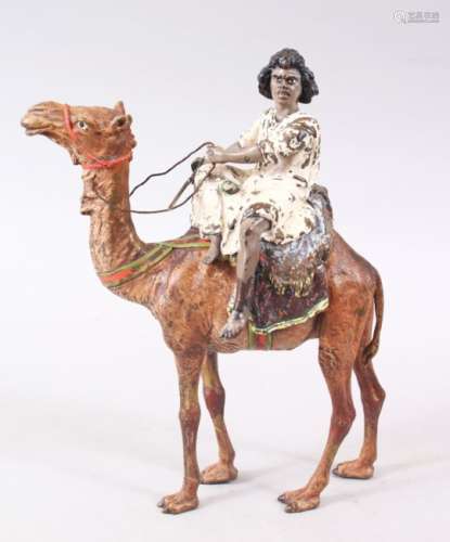 A FINE 19TH CENTURY ORIENTALIST COLD PAINTED BERGMAN BRONZE FIGURE OF AN ARAB UPON A CAMEL, the