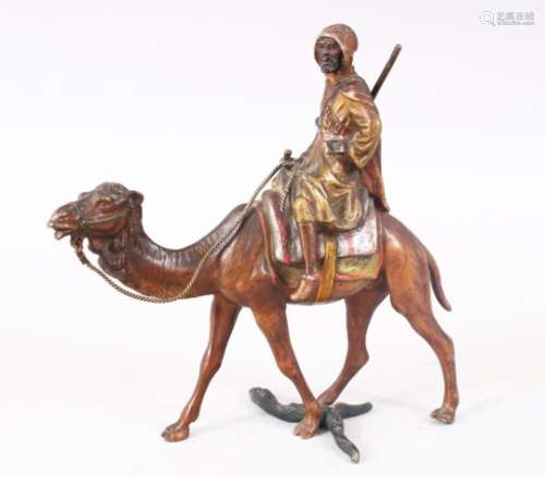A FINE 19TH CENTURY COLD PAINTED BRONZE FIGURE OF AN ARAB UPON CAMEL BACK, the bronze most likely by