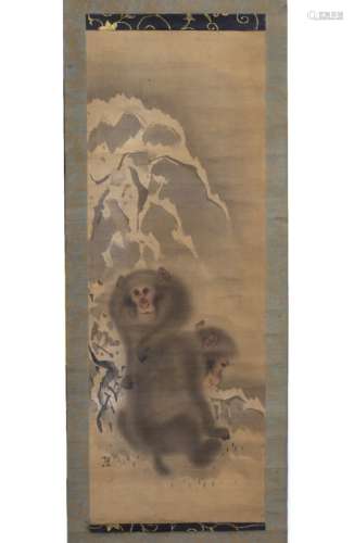 Mori Sosen (Japanese 1747 -1821) Monkeys in snow, hanging scroll, ink on silk 91cm x 32cm
