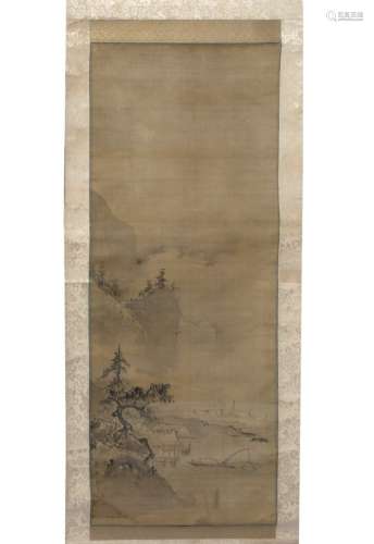 Kano Tanyu (Japanese 1602-1674) Fishing boat in a Chinese style landscape, hanging scroll, ink on