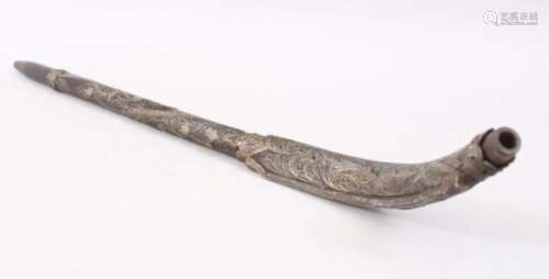 AN UNUSUAL LARGE 18TH CENTURY OTTOMAN TURKISH SILVER INLAID WOODEN SMOKING PIPE, 63CM LONG.