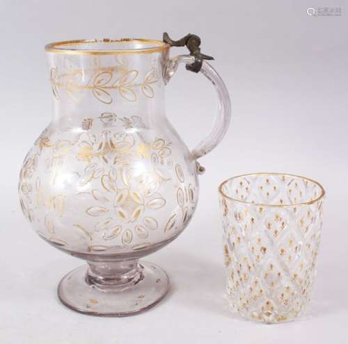 A 19TH CENTURY OTTOMAN TURKISH BEYKOZ GLASS JIG & BEAKER, with gilt decoration, 22.5cm high & 11cm