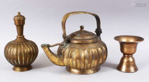 A COLLECTION OF 19TH / 20TH CENTURY INDIAN BRASS ITEMS, consisting of a teapot, a vase and a