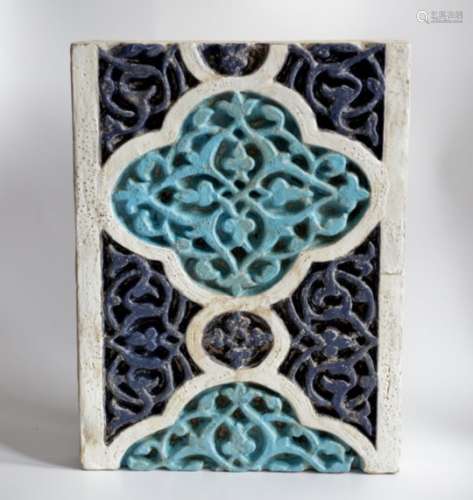 A RARE LATE 14TH / EARLY 15TH CENTURY ISLAMIC TIMURID CARVED POTTERY TILE, The tile of rectangular