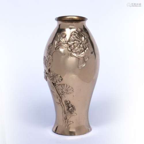 Gilt bronze vase Japanese, late Meiji of inverted baluster form cast in high relief with sparrow