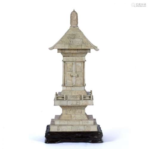 Carved ivory tile house shrine Japanese, late Meiji of square styled pagoda form, carved with a