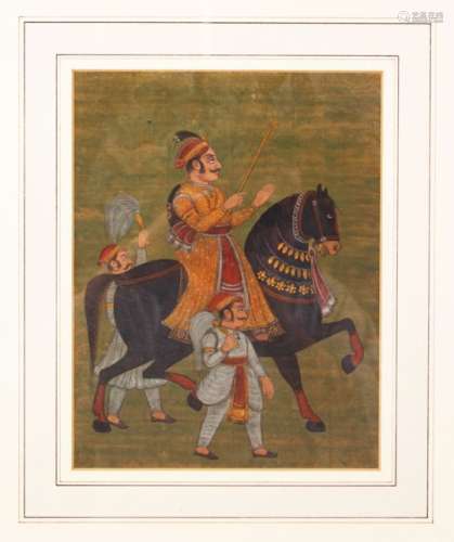 A FINE 18TH - 19TH CENTURY MUGHAL INDIAN MINIATURE PAINTING OF NOBLEMAN UPON HORSEBACK, framed