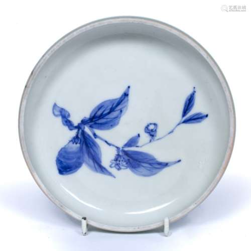 Blue and white porcelain shallow dish Japanese, early 20th Century with celadon base, having six