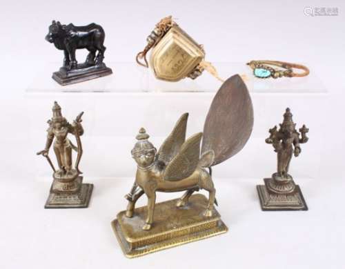 A MIXED LOT OF SIX 19TH / 20TH CENTURY INDIAN BRONZE FIGURES / DEITY AND OTHERS, consisting of a cow