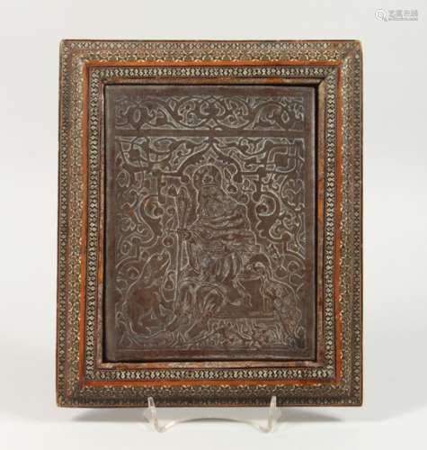 An UNUSUAL 19TH CENTURY OR EARLIER ISLAMIC / INDIAN STEEL PLAQUE OF A PRINCE IN AN ANGLO-INDIAN