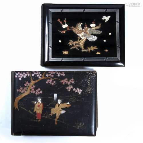 Two lacquer albums Japanese, late 19th Century painted with silk pages, originally with postcards