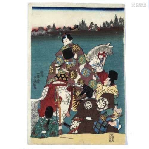 Utagawa Kunisada (Toyokuni III) Japanese, circa 1850 Triptych, Eastern Genji departs on a horse,