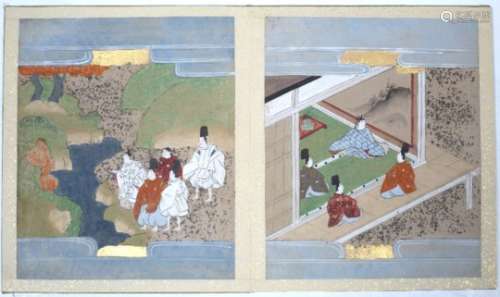 Kano school folding clothbound picture book Japanese, late 19th century depicting Genji Monogatari